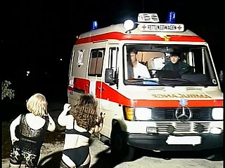 Sex-mad midget sluts drag inflate guy's equipment in an ambulance