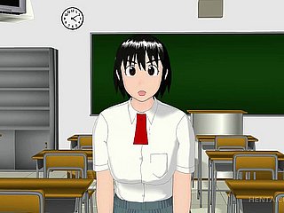 3D การ์ตูนเด็กนักเรียนเป่ากระเจี๊ยวยากบนเข่าของเธอ
